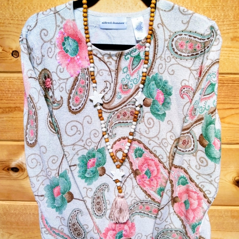 Alfred Dunner Shimmery Cream Floral & Pasley Sweater Shirt - Picture 2 of 14